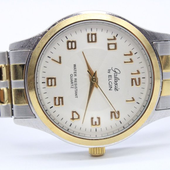 Galaxie By Elgin Watch Mens Steel 37mm Gold Silver Tone Round Stretch Band - Picture 6 of 8